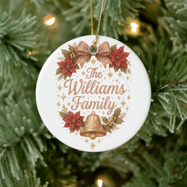 Whimsical Sparkly Script Family Christmas Ceramic Ornament (Tree)