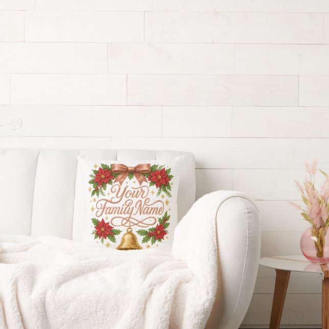 Whimsical Sparkly Script Family Christmas Throw Pillow (Couch)