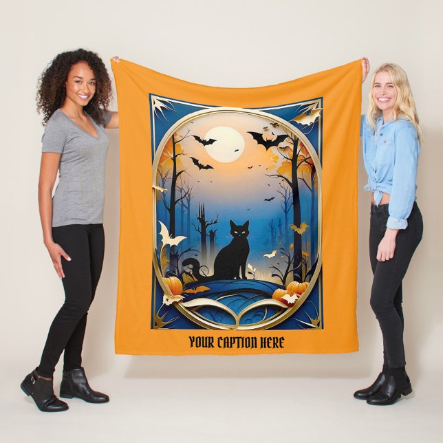 Whimsical  spooky black cat themed customize text fleece blanket (Creator Uploaded)