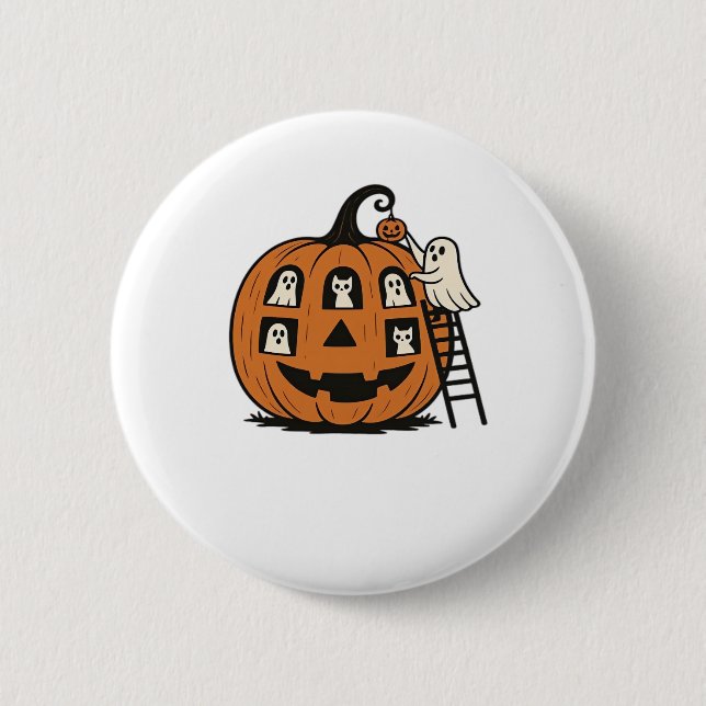 Whimsical Spooky Pumpkin with Ghosts, Cats & Hallo 2 Inch Round Button (Front)