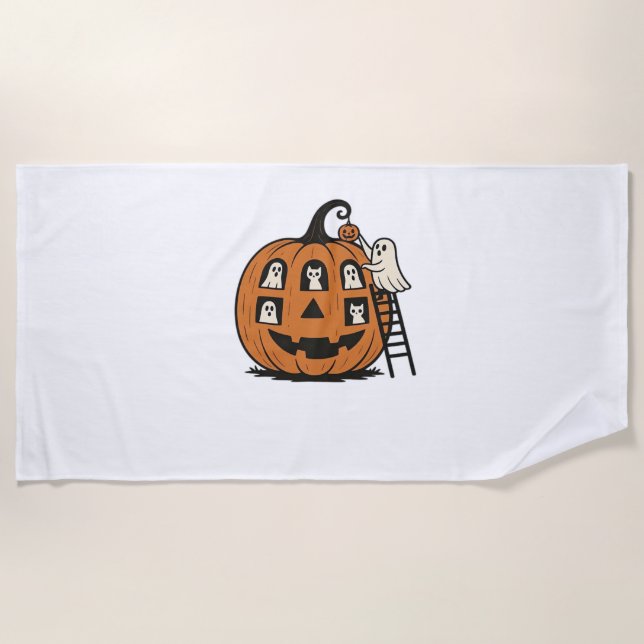 Whimsical Spooky Pumpkin with Ghosts, Cats & Hallo Beach Towel (Front)