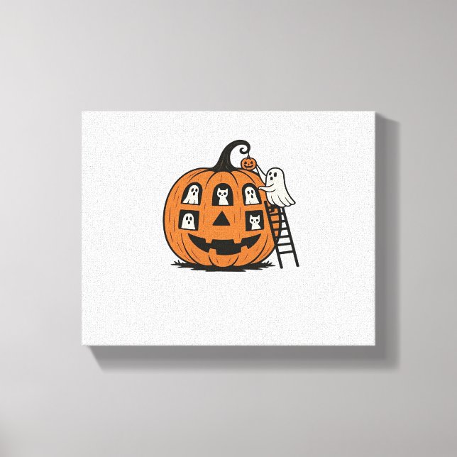 Whimsical Spooky Pumpkin with Ghosts, Cats & Hallo Canvas Print (Front)