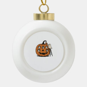 Whimsical Spooky Pumpkin with Ghosts, Cats & Hallo Ceramic Ball Christmas Ornament