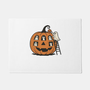Whimsical Spooky Pumpkin with Ghosts, Cats & Hallo Doormat