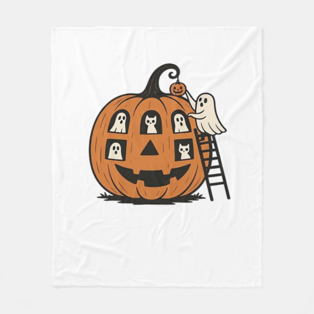 Whimsical Spooky Pumpkin with Ghosts, Cats & Hallo Fleece Blanket (Front)