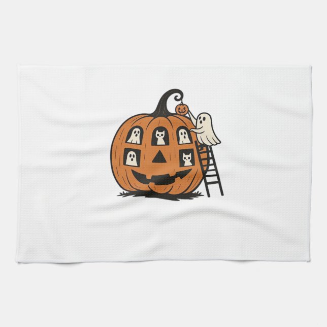 Whimsical Spooky Pumpkin with Ghosts, Cats & Hallo Kitchen Towel (Horizontal)