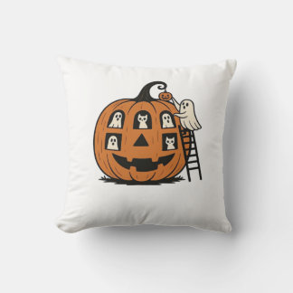 Whimsical Spooky Pumpkin with Ghosts, Cats & Hallo Throw Pillow