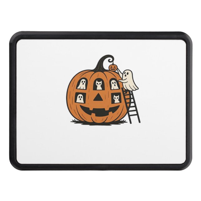 Whimsical Spooky Pumpkin with Ghosts, Cats & Hallo Trailer Hitch Cover (Front)