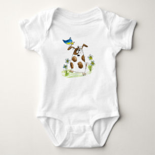 Whimsical Spotted Dog with Bird Baby Bodysuit