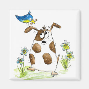 Whimsical Spotted Dog with Bird Magnet