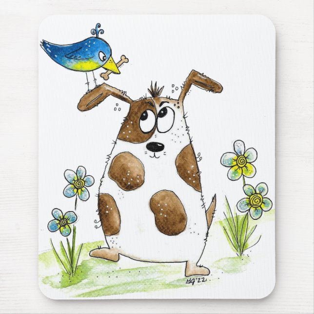 Whimsical Spotted Dog with Bird Mouse Pad (Front)