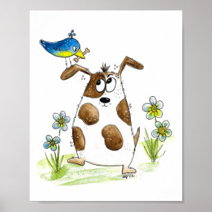Whimsical Spotted Dog with Bird Poster