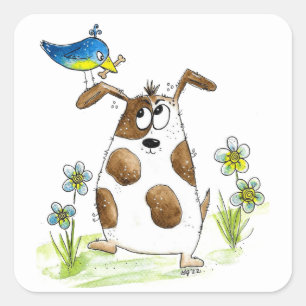Whimsical Spotted Dog with Bird Square Sticker