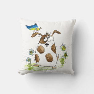 Whimsical Spotted Dog with Bird Throw Pillow
