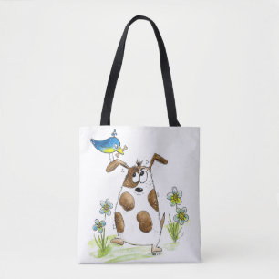 Whimsical Spotted Dog with Bird Tote Bag