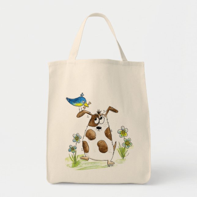 Whimsical Spotted Dog with Bird Tote Bag (Front)