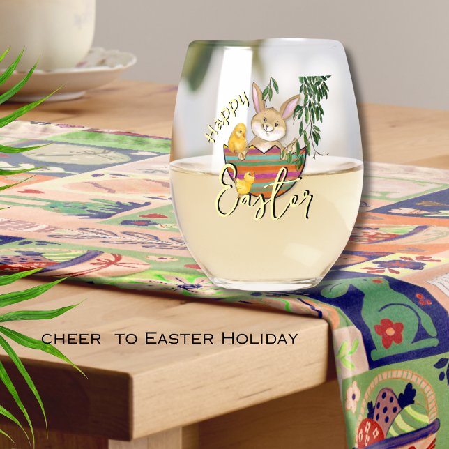 Whimsical Spring Bunny in Eggshell  Stemless Wine Glass (Easter Bunny with Chicken Stemless Wine Glass)