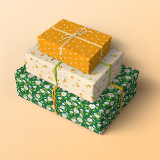 Whimsical Spring Daisies, Vines and Dots Patterns Wrapping Paper Sheet