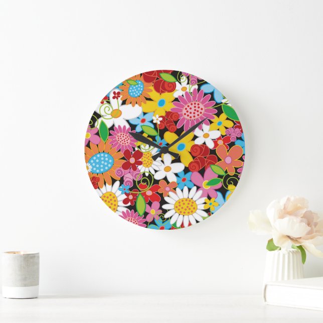 Whimsical Spring Flowers Colorful Garden Floral Large Clock (Home)