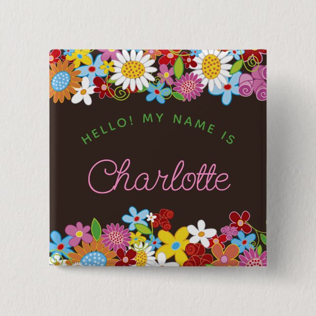 Whimsical Spring Flowers Garden Girl's Birthday 2 Inch Square Button (Front)