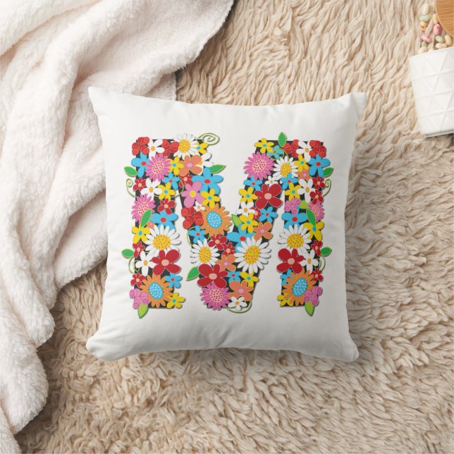 Whimsical Spring Flowers Garden Name Monogram 'M' Throw Pillow (Blanket)
