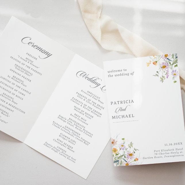 Whimsical Spring Garden Wildflower Folded Wedding Program (Creator Uploaded)