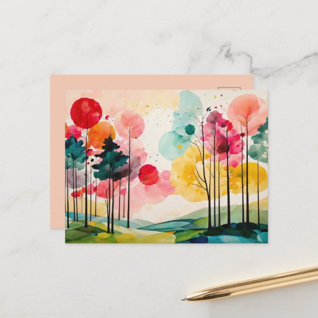 Whimsical Spring Watercolor Art Postcard (Front/Back In Situ)