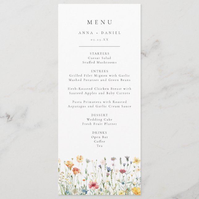 Whimsical Spring Wildflower Wedding Menu (Front)