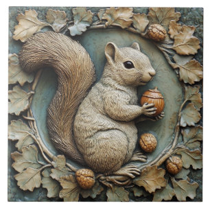 Whimsical Squirrel & Acorns Faux Relief Tile
