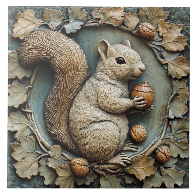 Whimsical Squirrel & Acorns Faux Relief Tile (Front)