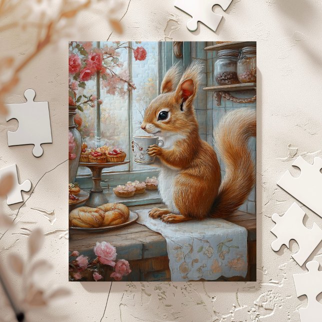 Whimsical Squirrel Drinking Tea Café Art Jigsaw Puzzle (Creator Uploaded)