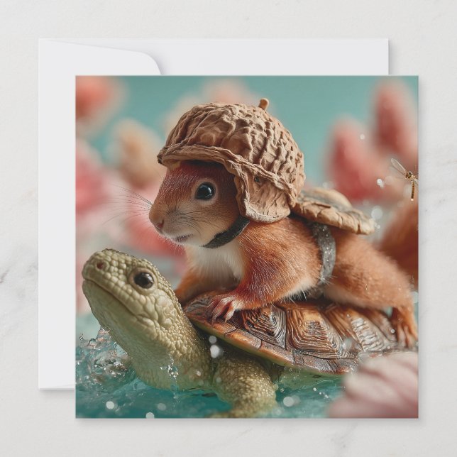Whimsical Squirrel Riding a Turtle  Holiday Card (Front)