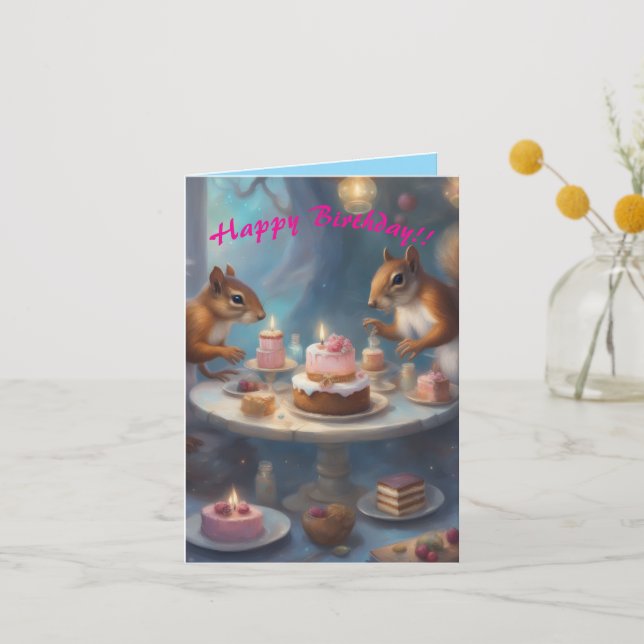 Whimsical Squirrels Birthday Card pink and blue (Front)