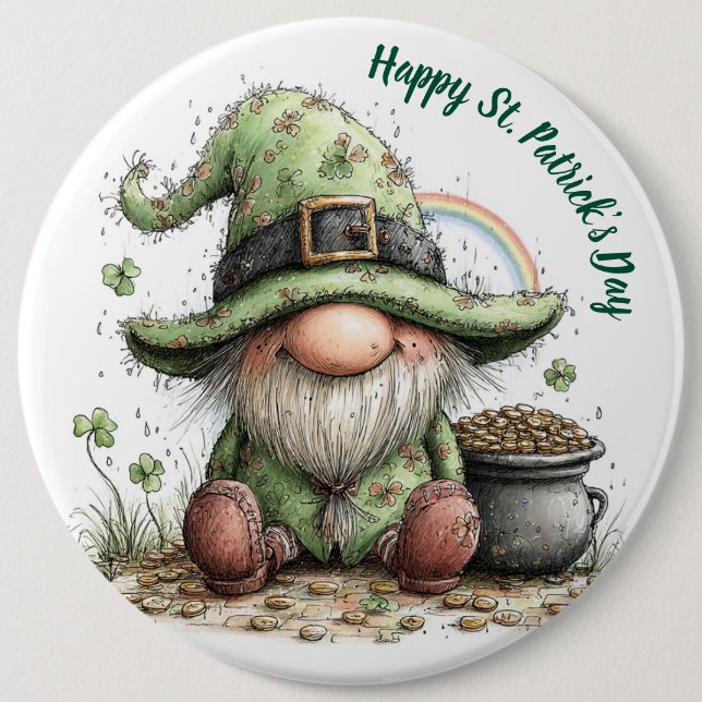 Whimsical St. Patrick’s Day Gnome 6 Inch Round Button (Front)