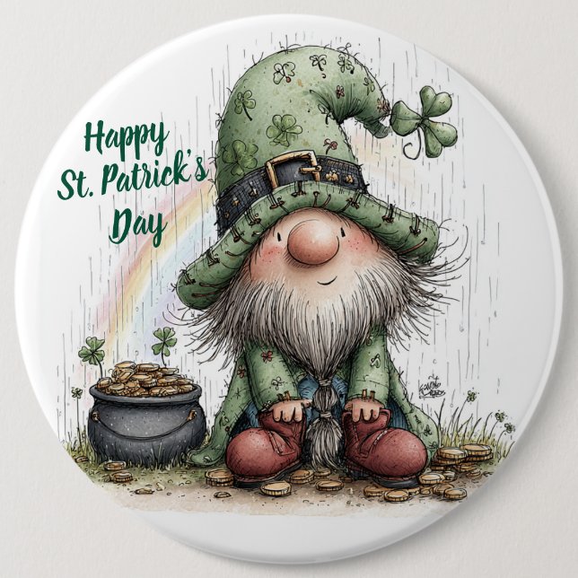 Whimsical St. Patrick’s Day Gnome 6 Inch Round Button (Front)