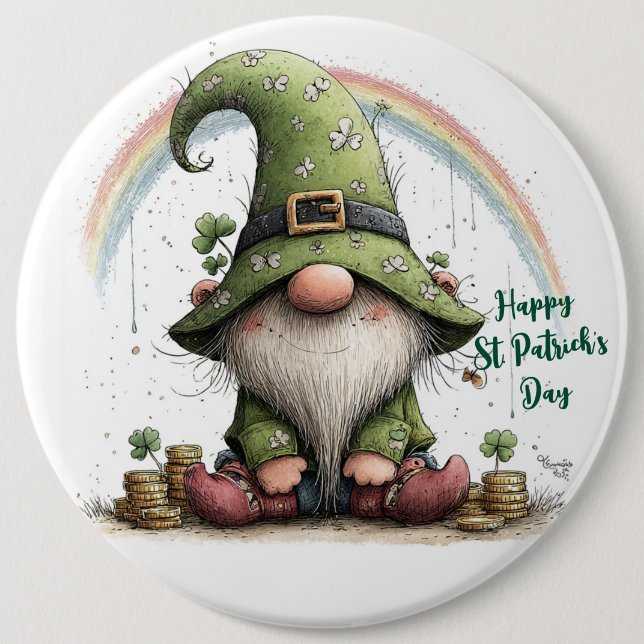 Whimsical St. Patrick’s Day Gnome 6 Inch Round Button (Front)