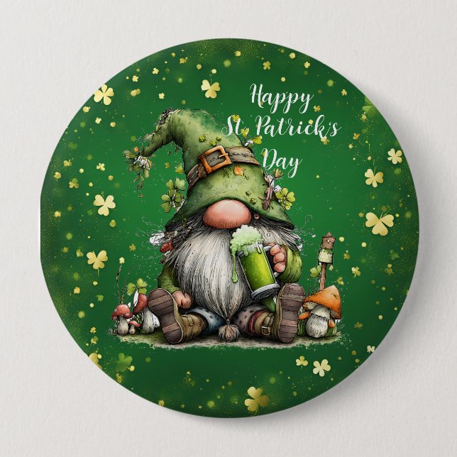 Whimsical St. Patrick’s Day Gnome Celebration 4 Inch Round Button (Front)