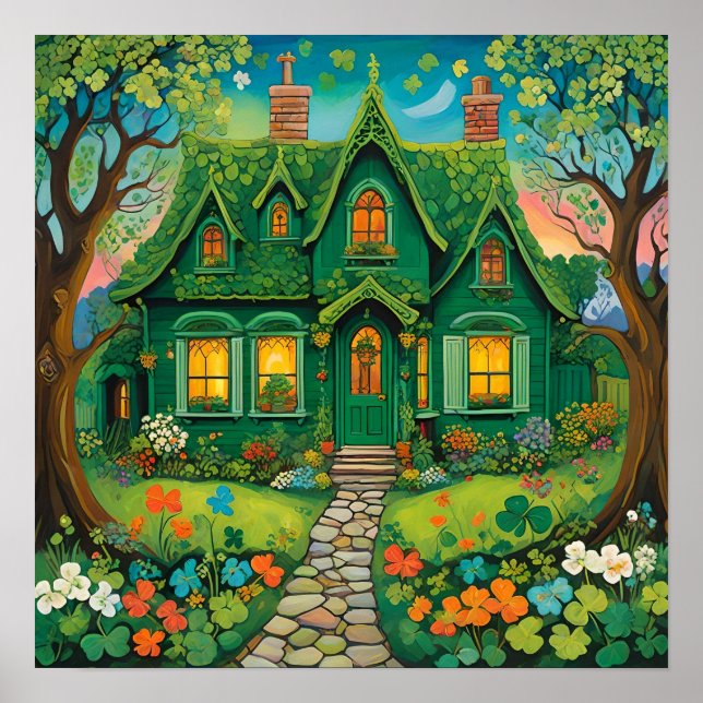 Whimsical St. Patrick’s Day Woodland Cottage.  Poster (Front)