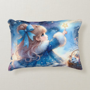 Whimsical Star Gazer Girl Watercolor Accent Pillow