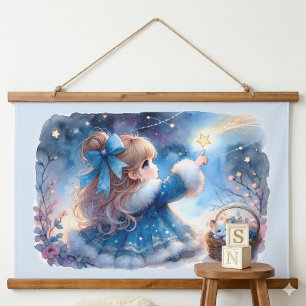 Whimsical Star Gazer Girl Watercolor Hanging Tapestry