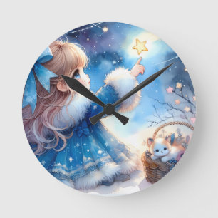 Whimsical Star Gazer Girl Watercolor Round Clock