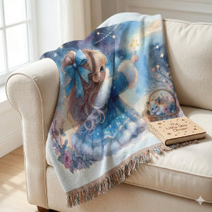 Whimsical Star Gazer Girl Watercolor Throw Blanket