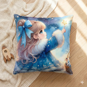 Whimsical Star Gazer Girl Watercolor Throw Pillow