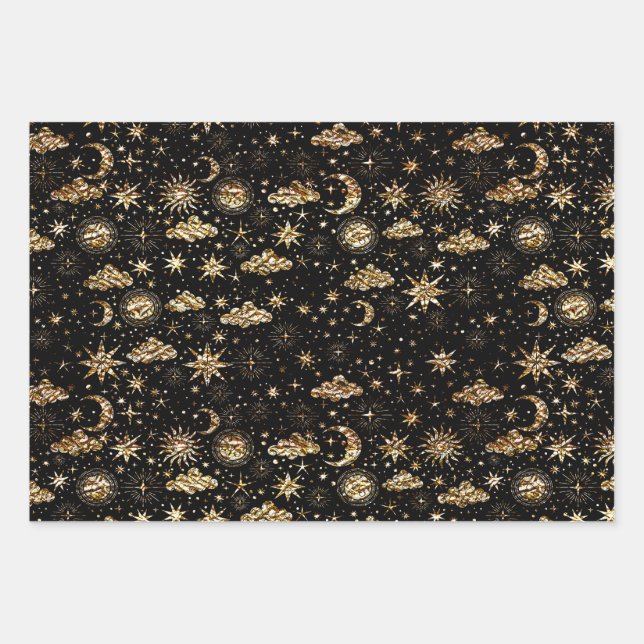 Whimsical Star Moon Planets Gold On Black Wrapping Paper Sheet (Front)