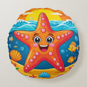 Whimsical Starfish Ocean Scene Colourful Coastal Round Pillow