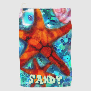 Whimsical Starfish Seashells Beach Personalized Golf Towel