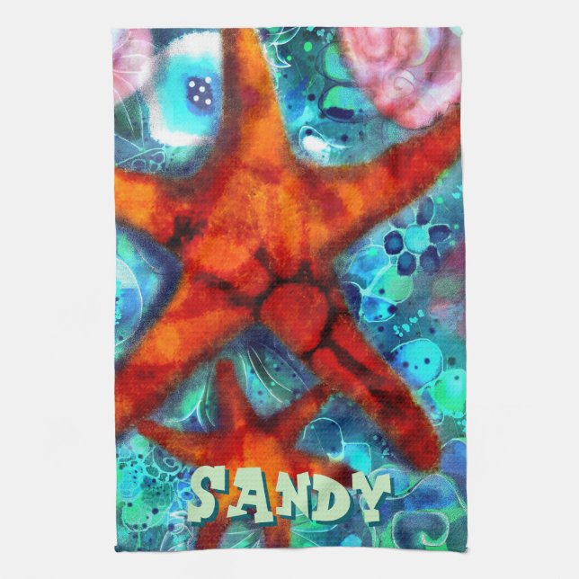 Whimsical Starfish Seashells Beach Personalized Kitchen Towel (Vertical)