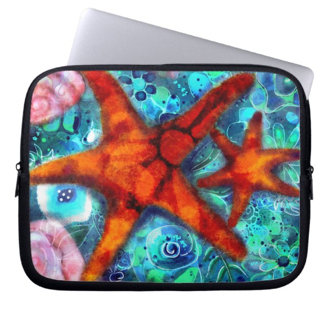 Whimsical Starfish Seashells Beach Teal Pink Laptop Sleeve (Front)