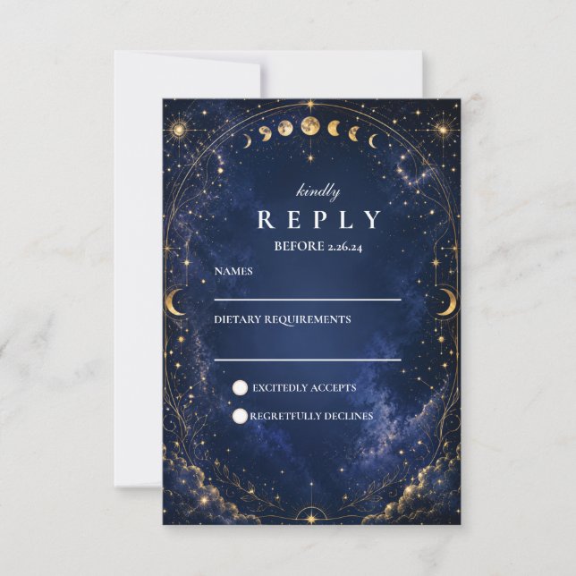 Whimsical Starry Nights Celestial Wedding RSVP Card (Front)