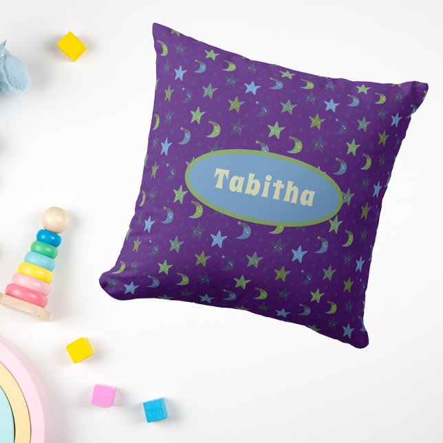 Whimsical Stars and Moons on Purple Personalized Throw Pillow (Creator Uploaded)